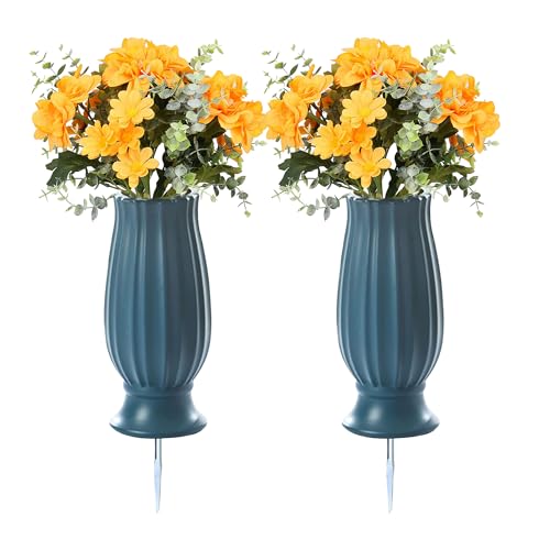2 Pcs Cemetery Vases with Spikes,Grave Vases for Cemetery with Metal Spikes and Drainage Holes,Grave Flower Holder for Headstones Memorial Gifts Loss of Loved One - color: Blue