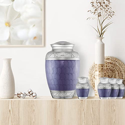 Reminded Set of 5 Etched Cremation Urns for Human Ashes - 1 Brass Adult + 4 Keepsake Token Size, Lavender - color: Lavender