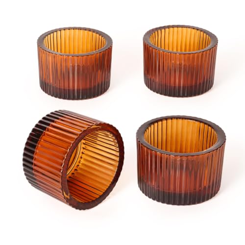 4 Pack Tealight Amber Candle Holders, Votive Tea Light Candle Holder | Glass Candle Holder Fall Wedding Decor Party Supplies for Amber Centerpieces Table Decor Home Decor Heat Resistant - color: Amber, size: 1.3" x 2"
