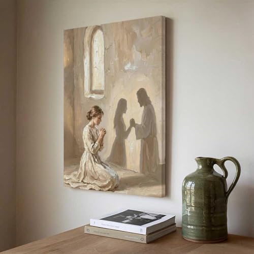 KERAXL Jesus Praying with Woman Canvas Wall Art, He Is With You Christian Painting, Neutral Bible Wall Art Print for Prayer Room Bedroom Frame-style-1 16x24inch(40x60cm) - color: Frame-style-1, size: 24L" x 16W"