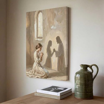 KERAXL Jesus Praying with Woman Canvas Wall Art, He Is With You Christian Painting, Neutral Bible Wall Art Print for Prayer Room Bedroom Frame-style-1 16x24inch(40x60cm) - color: Frame-style-1, size: 24L" x 16W"
