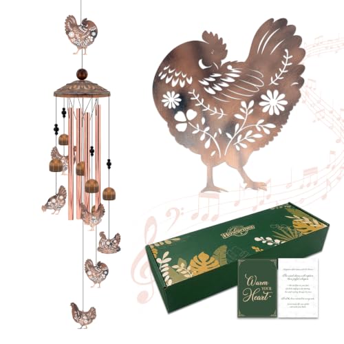 Chicken Wind Chimes for Outside, 35" Chicken Lover Gift, Farmhouse Decor | Metal Outdoor Windchime for Yard Garden, Chicken Coop Decor, Rustic Farm Animal Decoration for Women Men - color: Chicken