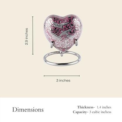 Heart Shaped Brass Small Urn for Human Ashes Keepsake with Engraved Birds – Mini Cremation Urn with Velvet Box & Brass Stand – Memorial Keepsake for Ashes of Adult Male, Female and Infant (Pink) - color: Pink