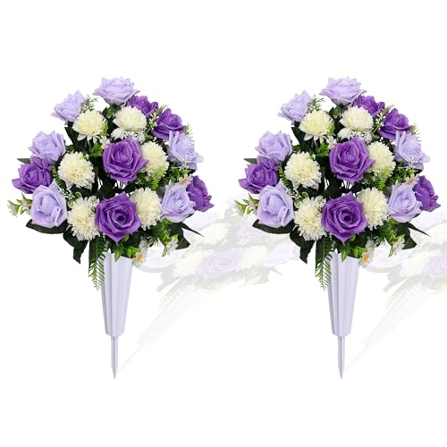 Lodou Set of 2 Artificial Bouquet Grave Memorial Flowers with Vase, Realistic Vibrant Roses,Cemetery Memorial Flowers for Outdoor Tombstone Decorations (Purple) - color: Purple