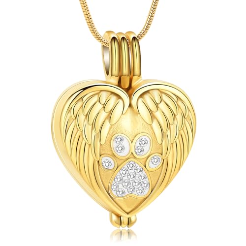 Heartbeat Paw Print Urn Necklaces for Ashes Angel Heart Cremation Jewelry | Stainless Steel,Ash Holder for Dog/Cat,Pet Memorial Urn Pendant, Keepsake Jewelry for Women Men,Memory Gift,with Fill Tool - color: Gold