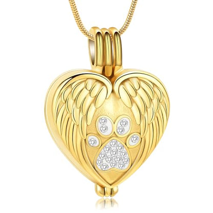 zeqingjw Pet Cremation Jewelry for Ashes Pendant Paw Print Pet Heart Urn Necklace Memorial Keepsake Jewelry for Pet/Dog's/Cat's Ashes - color: Wing Heart-Gold