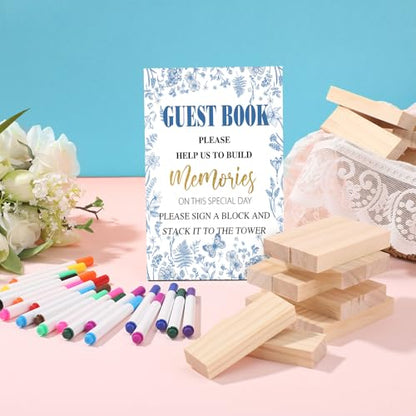 Beeveer 80 Pcs Wedding Guest Book Alternative Wooden Block Guest Book for Wedding Sign in Bridal Shower Decoration 54 Pcs Wooden Block Bridal Shower Game for Sign in, Reception(Chinoiserie) - style: Chinoiserie
