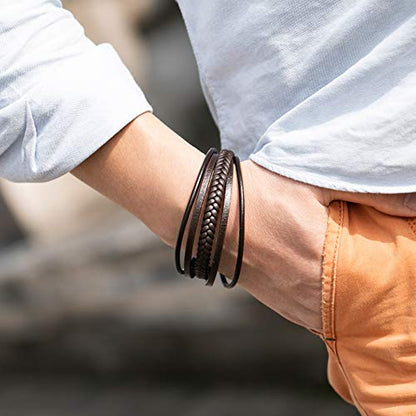 Mens Leather Bracelet with Clasp Cowhide Multi-Layer Braided Leather Mens Bracelet - style: brown leather&black clasp&9.2