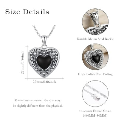 Locket Necklace for Women 925 Sterling Silver Celtic Locket Pendant Necklace Moonstone/Turquoise/Black Agate Heart Shaped Locket Necklace Jewelry Gifts for Women - style: Black Onyx Locket 1