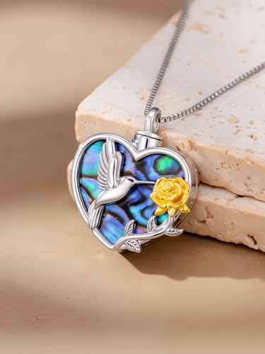 WINNICACA Cremation Jewelry for Ashes Locket Ashes Necklace Urn Necklace for Women Sterling Silver Cremation Necklace for Ashes Fine Keepsake Picture Necklace Memorial Jewelry - style: D01-Hummingbird Urn Necklace(Abalone)