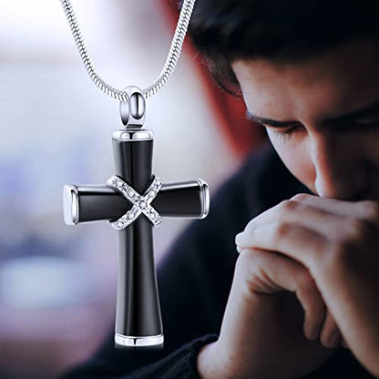 Minicremation Rope Winding Cross Cremation Ashes Urn Pendant Necklace Memorial Keepsake Jewelry Lord’s Prayer Cross Ashes Necklaces - color: Black with Crystal
