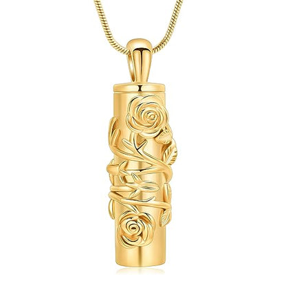 Cylinder Urn Necklace for Ashes Roseflower Cremation Jewelry Urn Ashes Necklace for Women Men Memorial Keepsake Necklace of Loved One - color: Gold