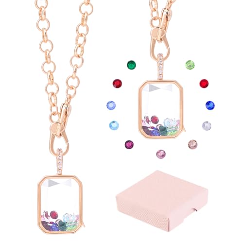 Floating Charm Memory Locket Necklace Rectangle Glass Locket Pendant Golden Necklace with 12Pcs Glass Cabochons for Memory Picture Container Keepsake DIY Memorial Jewelry