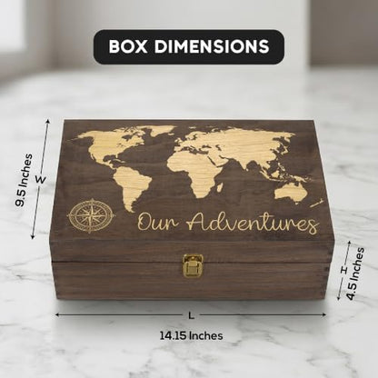 Our Adventure Engraved Wooden Keepsake Box, Memory Storage Box with Inside Engraving, Wooden Treasure Box for Travel Memories, Photos, Souvenirs, Couples & Special Moments, X-Large 14.15 x 9.5 x 4.5" - size: X-Large, style: Adventures
