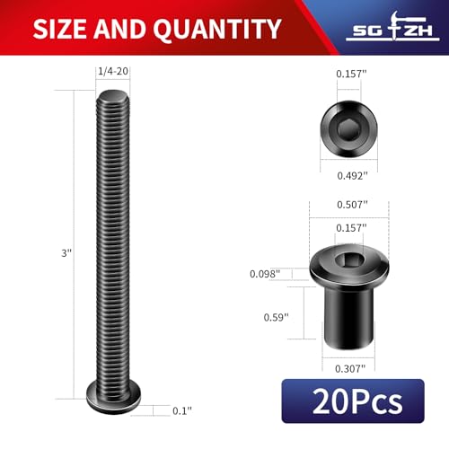 1/4-20 x 3 Inch 20Pcs Flat Head Hex Socket Cap Screws Bolts Barrel Nuts Kit, 304 Stainless Steel 18-8, Full Thread, Black Oxide by SG TZH (with Hex Spanner) - color: Black, size: 1/4-20 x 3"