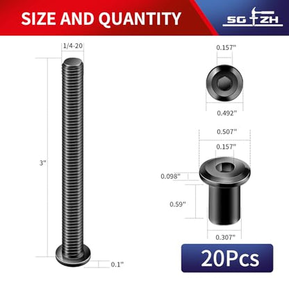 1/4-20 x 3 Inch 20Pcs Flat Head Hex Socket Cap Screws Bolts Barrel Nuts Kit, 304 Stainless Steel 18-8, Full Thread, Black Oxide by SG TZH (with Hex Spanner) - color: Black, size: 1/4-20 x 3"