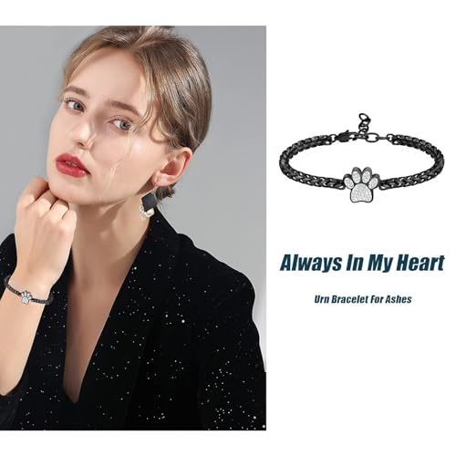 zeqingjw Urn Bracelet for Pets Ashes Pet Cremation Jewelry Stainless Steel Paw Print Pet Memorial Bracelet Pet/Dog's/Cat's Ashes Keepsake for Women Men - color: Black