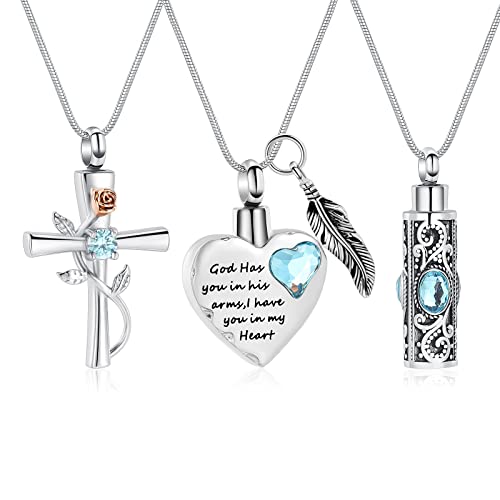 3 Pcs Cylinder/Cross/Heart Urn Necklace for Ashes Cremation Jewelry for Women Men Stainless Steel Memorial Necklaces Ash Holder for Human Pets Keepsake Jewelry for Loved Ones with Fill Tool - color: Light Blue