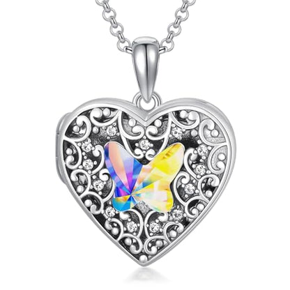 Dorunmo Personalized Locket Necklace 925 Sterling Silver that Holds Pictures Butterfly Birthstone Photo Heart Locket Custom Jewelry Congratulations New Beginnings New Job Gifts for Women - color: Butterfly Colorful, style: Only Locket