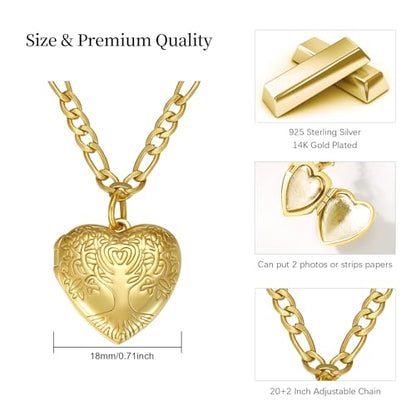 TUGHRA Mother's Day Gifts Gold Locket Necklaces for Women, 925 Sterling Silver Heart Photo Lockets Memorial Keepsake Jewelry Gift for Mom, Wife, Daughter - style: 1226-Tree of life