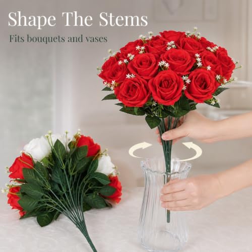41cm Artificial Silk Red Rose Bush with Gyp & Foliage 24 Flower Heads- Wedding Grave Home Decoration (Red, 1 Bunch) - color: Red