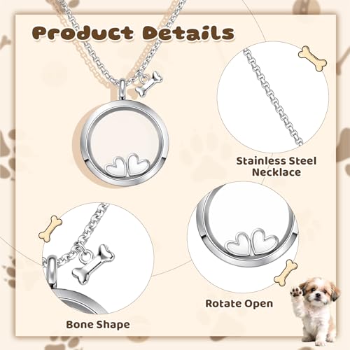 Pet Fur Keepsake Necklace, Stainless Steel Pet Urn Necklace Transparent Glass Dog Ashes Necklace with Heart and Bone Charms for Women Men Cat Dog Animal Lover Memorial Gifts