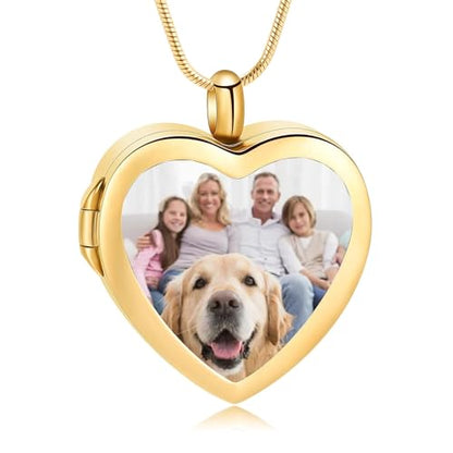 zeqingjw Glass Cremation Jewelry - Round Heart Memorial Urn Necklace for Ashes of Loved One - Stainless Steel Human Pet Dog Cat Keepsake Urn Pendant - color: A-Gold