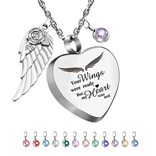 Dletay Heart Urn Necklace for Ashes with 12 Birthstones Cremation Jewelry for Ashes -Your Wings Were Ready My Heart Was Not - color: Your wings-Silver
