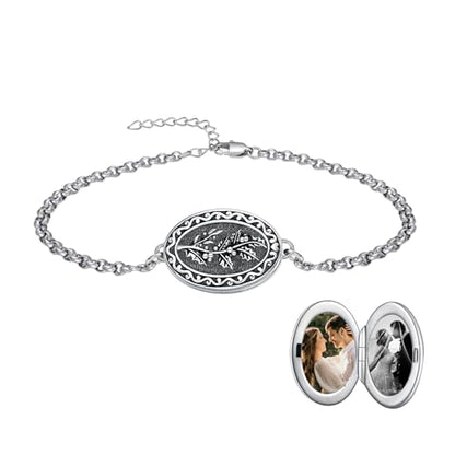 Birth Flower Photo Locket Bracelet 925 Sterling Silver 12 Month Locket Bracelet with Picture Birth Flower Photo Jewelry Gifts for Women Mother Mom Daughter - style: 12-December-Holly