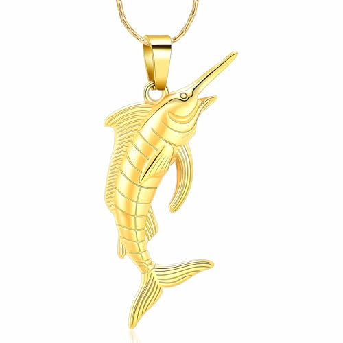 Fish Cremation Jewelry Swordfish Pendant Urn Necklace for Women Men | stainless steel pendant, waterproof sealed ring & lobster clasp keep ashes secure, with a filling tool, funeral keepsake gift - color: Golden