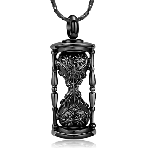 Imrsanl Cremation Jewelry for Ashes Flower Hourglass Urn Necklace for Women Ashes Holder Memorial Pendant Loved Ones Funeral Keepsake - color: Black