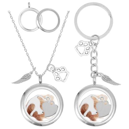2PCS Pet Ashes Necklace Dog Hair Keepsake Fur Locket Keychain Set Cat Dog Remembrance Jewelry with Paw Heart Wing Pet Memorial Urn Necklace for Cats Dogs Women Men Loss Pet Sympathy Gift - color: Silver Necklace Keychain
