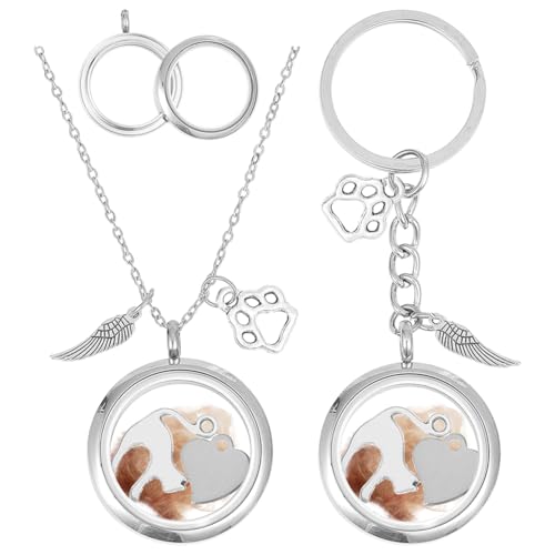 2PCS Pet Ashes Necklace Dog Hair Keepsake Fur Locket Keychain Set Cat Dog Remembrance Jewelry with Paw Heart Wing Pet Memorial Urn Necklace for Cats Dogs Women Men Loss Pet Sympathy Gift - color: Silver Necklace Keychain