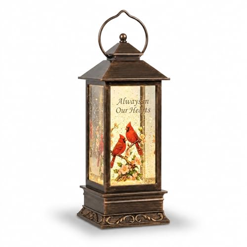 Carson Always in Our Hearts Cardinal Memorial Water Lantern - Sympathy Gift for Funeral - Loss of Loved One - Remembrance Light Up Snow Globe Lantern for Home Decor