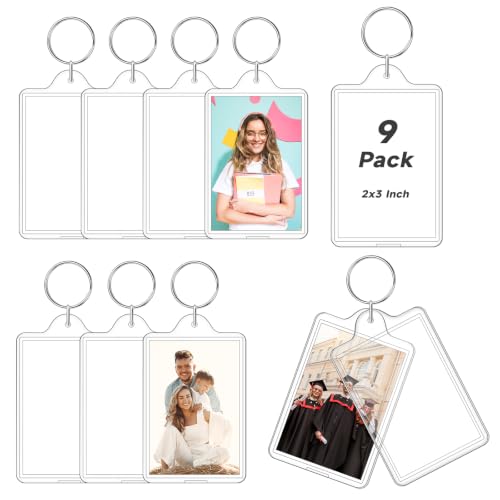 ZYFLSQ Photo Keychain, 9 Pcs Acrylic Picture Keychain Holder for Father's Day, Personalised Keychains Photo Frame for Insert 2 x 3 Inch Photo, Blank Clear Keychains for DIY Craft Graduation Xmas Gift - color: 9pcs