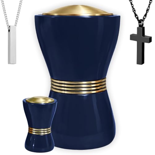 Family Tribute Set of Cremation Urn for Human Ashes Male & Female with 1 Large Urn, 1 Small Keepsake & 1 Silver & 1 Black Cross Necklace- Canopic Navy Blue - color: Canopic Navy Blue Set
