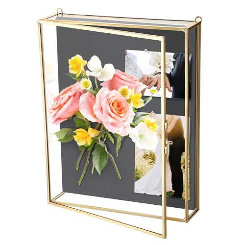ELLDOO Shadow Box Frame 8x10inch - Glass Display Case with Black Foam Backplane and Pins for Tabletop and Wall Display, Gold Metal Keepsakes Memory Box for Wedding Bouquet Memorabilia Medals Photos - color: Black Foam Backplane