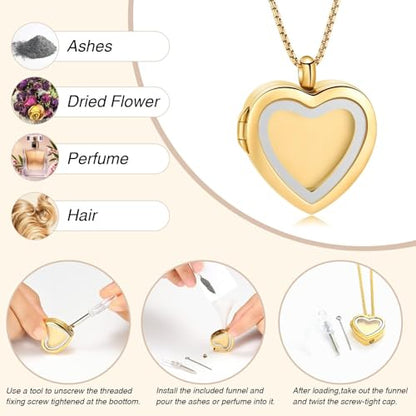 zeqingjw Glass Cremation Jewelry - Round Heart Memorial Urn Necklace for Ashes of Loved One - Stainless Steel Human Pet Dog Cat Keepsake Urn Pendant - color: A-Gold