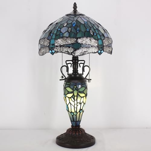 WERFACTORY Tiffany Table Lamp Sea Blue Stained Glass Dragonfly Style 12X12X22 Inches Mother-Daughter Vase Desk Reading Light Decor Bedroom Living Room Home Office S147 Series