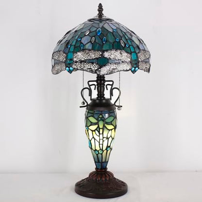 WERFACTORY Tiffany Table Lamp Sea Blue Stained Glass Dragonfly Style 12X12X22 Inches Mother-Daughter Vase Desk Reading Light Decor Bedroom Living Room Home Office S147 Series