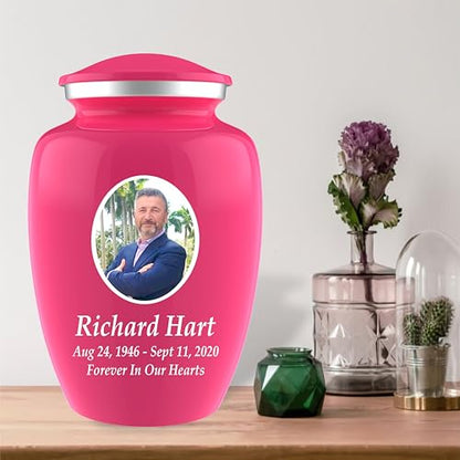 Personalized Photo Cremation Urns for Human Ashes Adult Male Female - 200lbs Custom Photo Burial Urns for Human Ashes - Engraved Handcrafted Funeral Decorative Urns for Adult with Velvet Bag, Pink