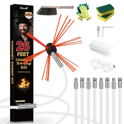26 Feet Chimney Sweep Kit, Chrome Button Locking System, Chimney Cleaning Kit, Chimney Brush, Chimney Cleaning Tool, Chimney Cleaning System with 8 Flexible Chimney Rods - size: 26 FT