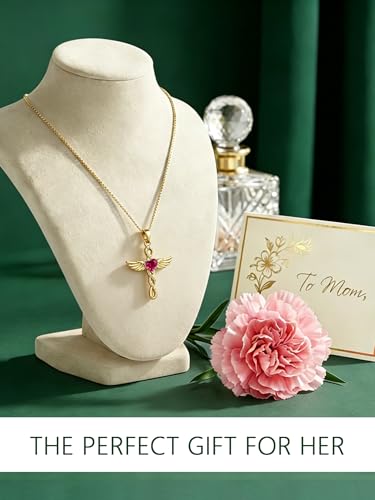 Angel Wings Infinity Cross Necklace for Women, 18K Gold Plated Heart Birthstone Pendant Necklace, Dainty Christian Jewelry Gifts for Mothers Day Valentines Day Christmas Birthday - color: Glod