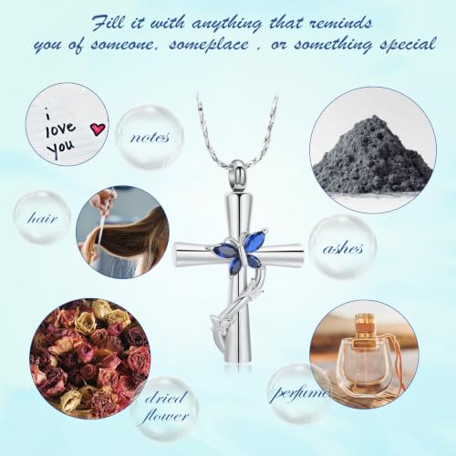Butterfly Cross Urn Necklace for Ashes Birthstone Cremation Jewelry for Men Women Ashes Pendant Keepsake Memorial Ash Jewelry - color: Silver-Blue