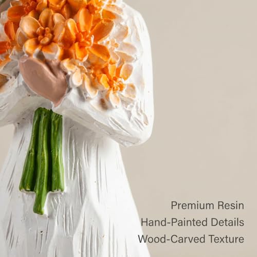 Angel Figurines Guardian Angel Statue Holding Orange Flower Bouquet Elegant White Resin Angel Figurine Hand Painted for Shelf Tabletop Living Room Office Sympathy Gift - color: Orange