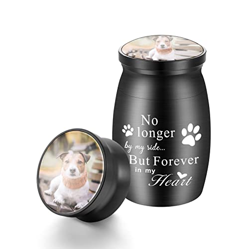 XIUDA 3.04 inches Mini Pet Memorial Small Urns for Dog and Cat Ashes, Stainless Steel Cremation Urn, Pet Paw Print Keepsake Urn for Ashes - No Longer by My Side Forever in My Heart - color: L Black-photo&text-engraving