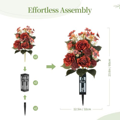 Fall Cemetery Flowers for Grave: with Vases, Burnt Orange, 2 Pcs - color: Burnt Orange