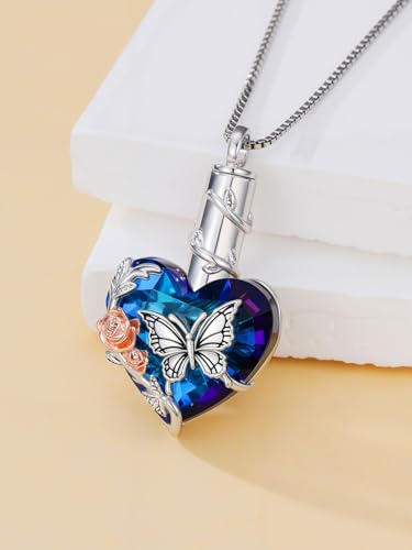 WINNICACA Silver Cremation Urn Necklaces for Ashes of Loved Ones - style: Rose Butterfly Crystal Necklace