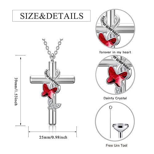 Cross Urn Necklace for Ashes 925 Sterling Silver Cremation Jewelry with Funnel Filler Kit Ashes Necklace for Human Women Girl Pets - color: A_Red Butterfly Urn Necklace, style: Non-personalized