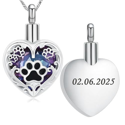 Yinplsmemory Pet Urn Necklace Pendant Jewelry for Dog Cat Memorial Crystal Heart Cremation Jewelry with Paw Print Ashes Keepsake Funeral Jewelry - color: Customize